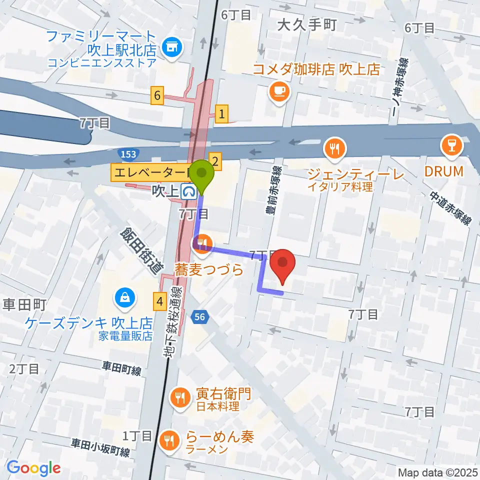 吹上おんがく教室おとサロンの最寄駅吹上駅からの徒歩ルート（約2分）地図