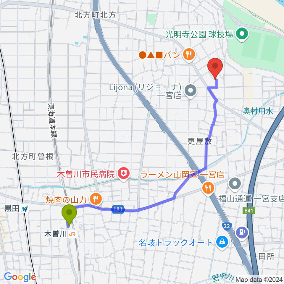 こじま音楽教室の最寄駅木曽川駅からの徒歩ルート（約23分）地図