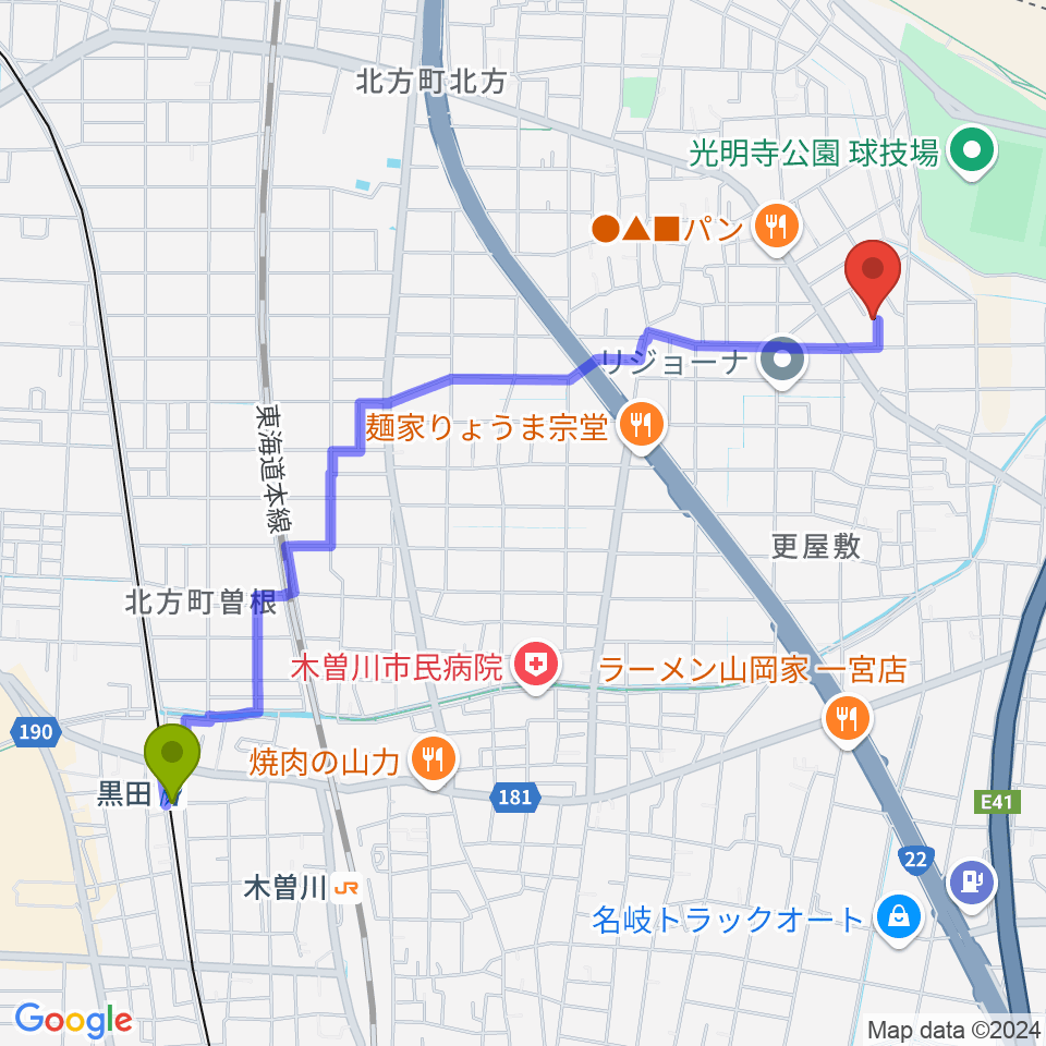 黒田駅からこじま音楽教室へのルートマップ地図