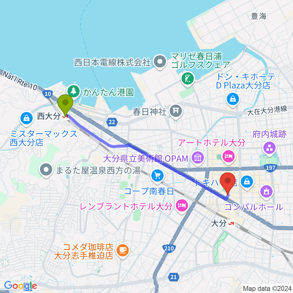 西大分駅から大分カンタループⅡへのルートマップ地図