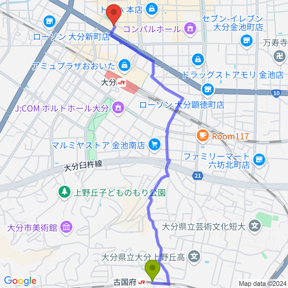 古国府駅から大分カンタループⅡへのルートマップ地図