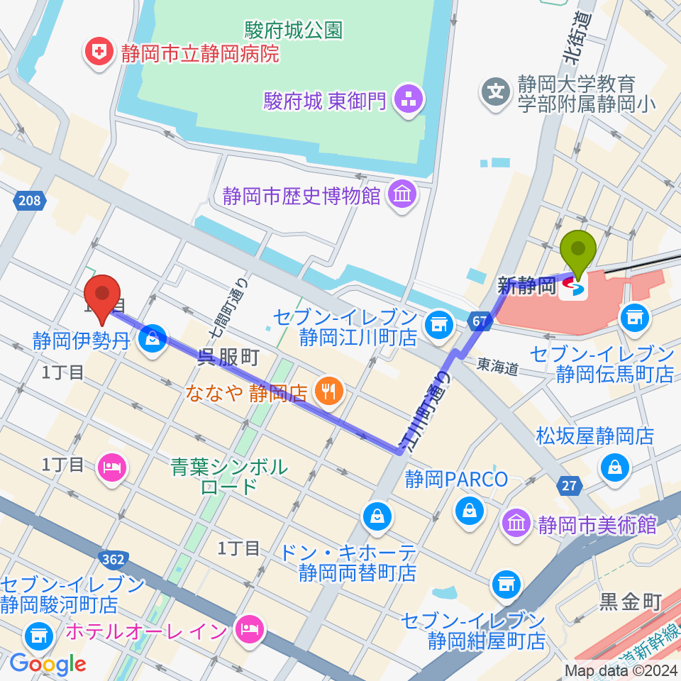 すみやグッディ本店おれんじホールの最寄駅新静岡駅からの徒歩ルート（約11分）地図