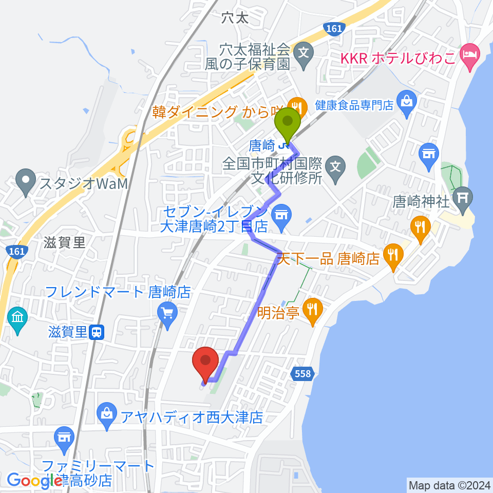 唐崎駅からたまき音楽教室へのルートマップ地図