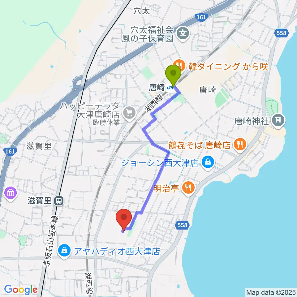 唐崎駅からたまき音楽教室へのルートマップ地図