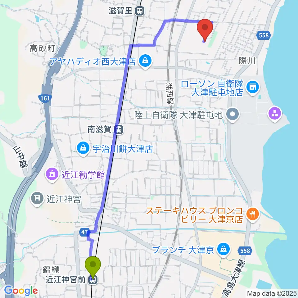 近江神宮前駅からたまき音楽教室へのルートマップ地図