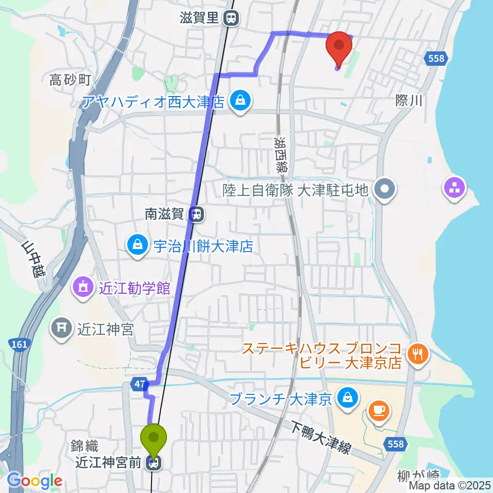 近江神宮前駅からたまき音楽教室へのルートマップ地図