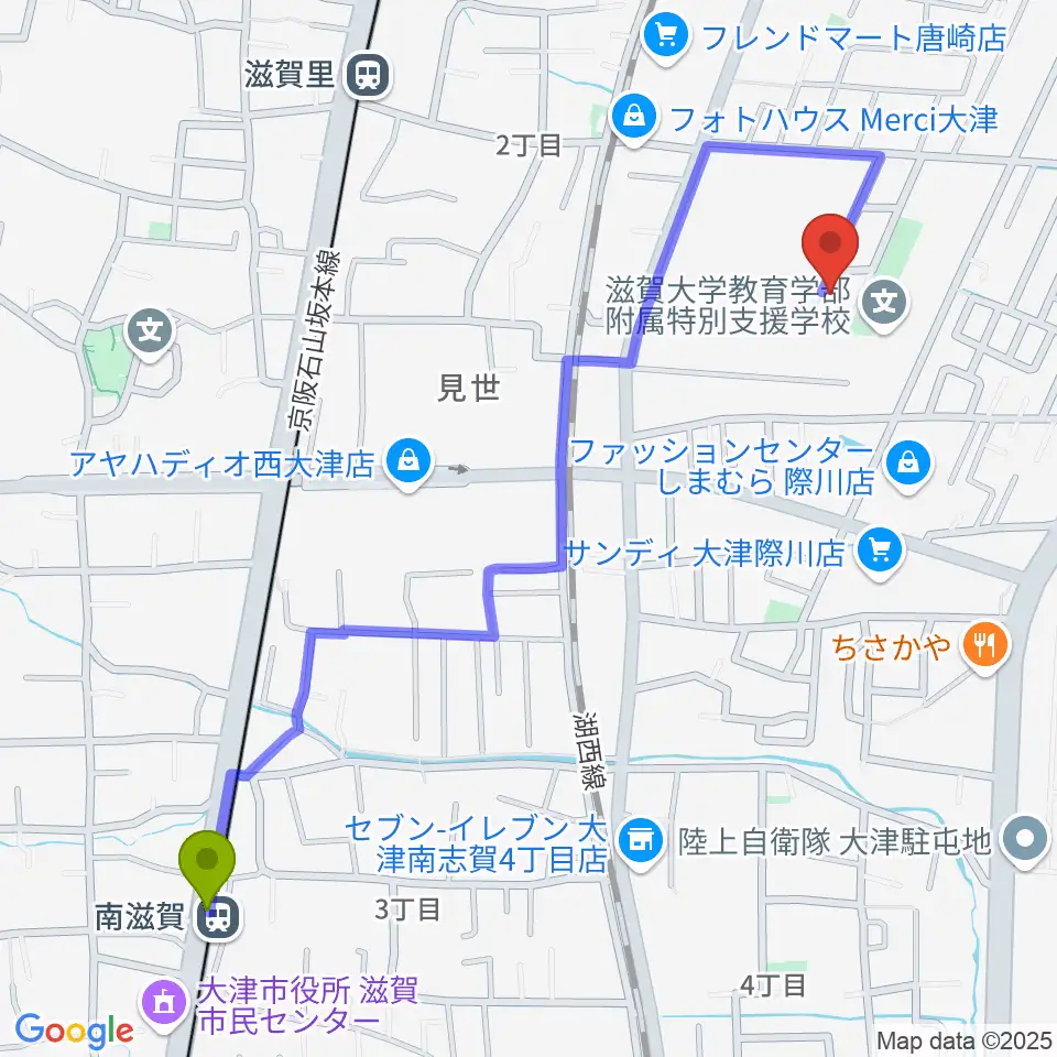 南滋賀駅からたまき音楽教室へのルートマップ地図
