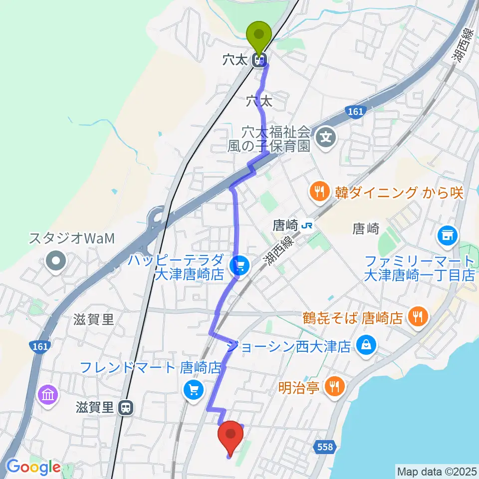 穴太駅からたまき音楽教室へのルートマップ地図