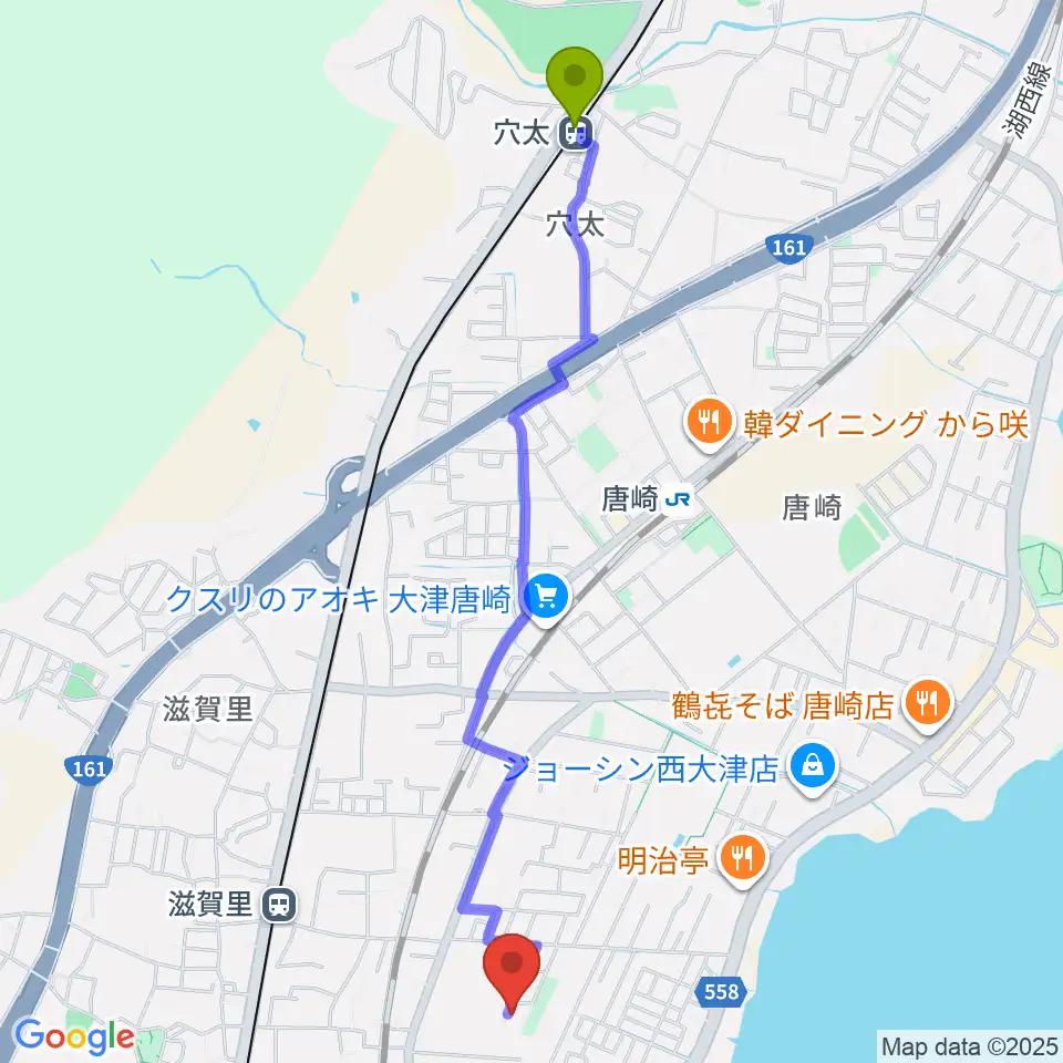 穴太駅からたまき音楽教室へのルートマップ地図
