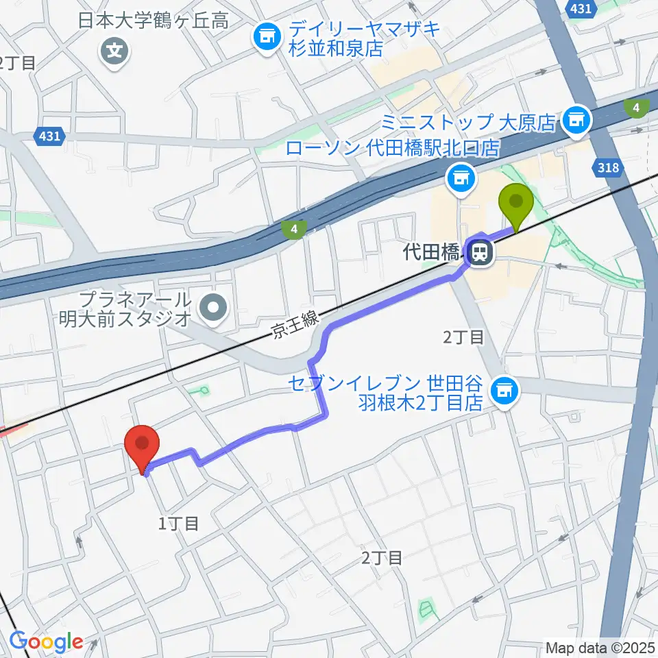 代田橋駅からYRZ MUSIC 萬屋ドラム教室へのルートマップ地図