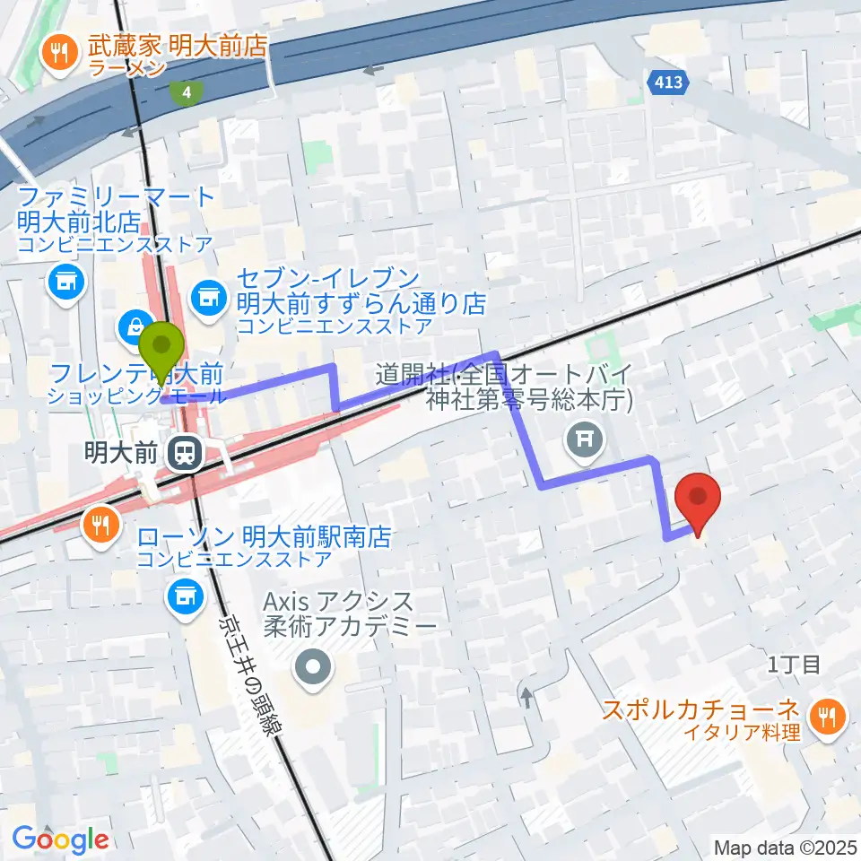 YRZ MUSIC 萬屋ドラム教室の最寄駅明大前駅からの徒歩ルート（約5分）地図