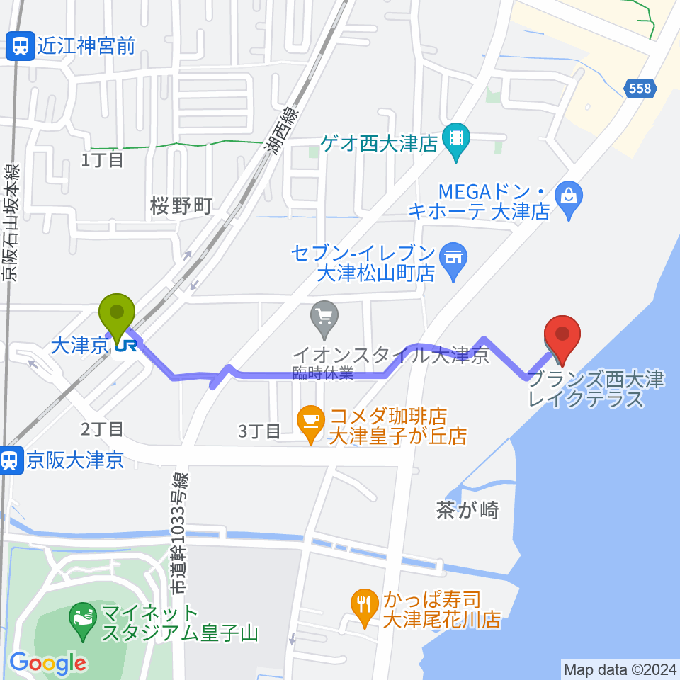 井田教室の最寄駅大津京駅からの徒歩ルート（約10分）地図