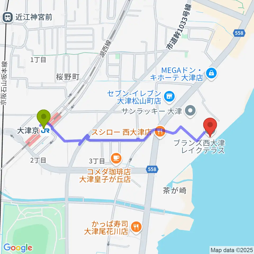 井田教室の最寄駅大津京駅からの徒歩ルート（約10分）地図