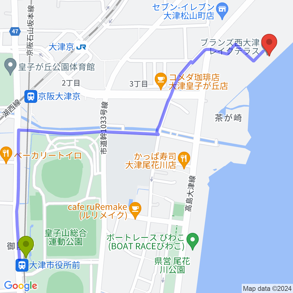 大津市役所前駅から井田教室へのルートマップ地図