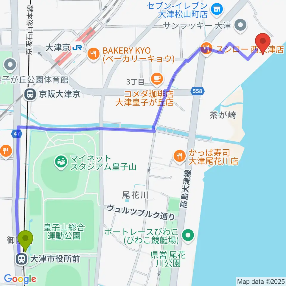 大津市役所前駅から井田教室へのルートマップ地図