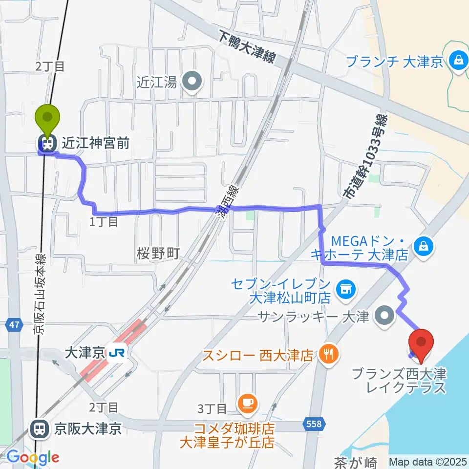 近江神宮前駅から井田教室へのルートマップ地図