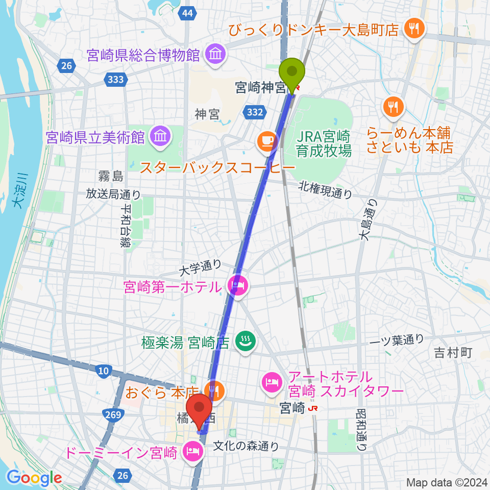 宮崎神宮駅から宮崎ライブハウス絃へのルートマップ地図