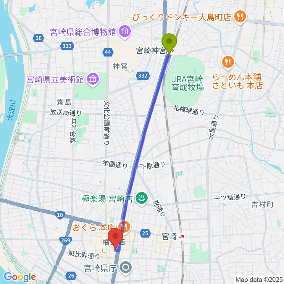 宮崎神宮駅から宮崎ライブハウス絃へのルートマップ地図