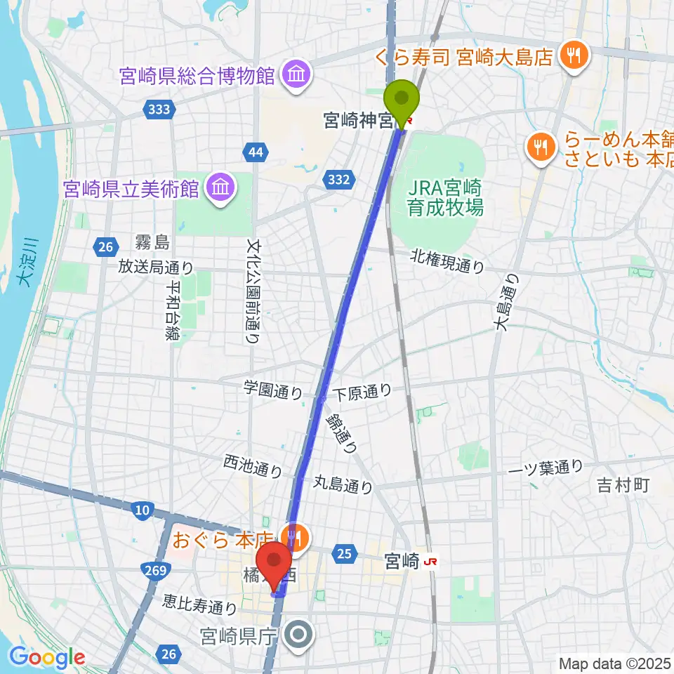 宮崎神宮駅から宮崎ライブハウス絃へのルートマップ地図