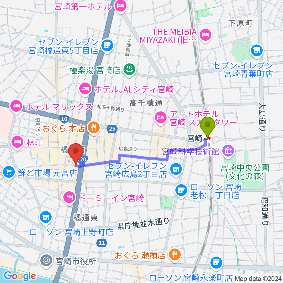 宮崎ライブハウス絃の最寄駅宮崎駅からの徒歩ルート（約15分）地図