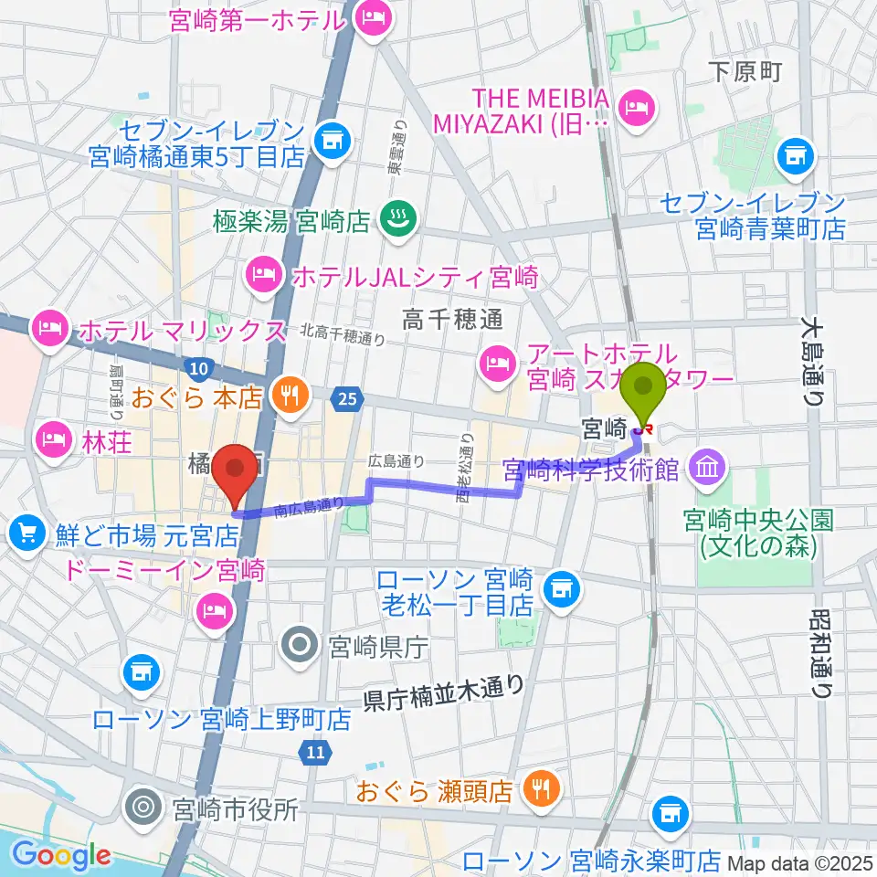 宮崎ライブハウス絃の最寄駅宮崎駅からの徒歩ルート（約15分）地図