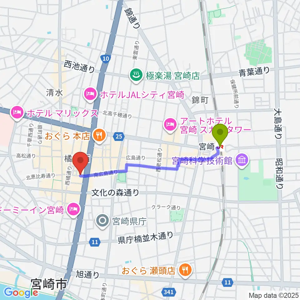 宮崎ライブハウス絃の最寄駅宮崎駅からの徒歩ルート（約15分）地図