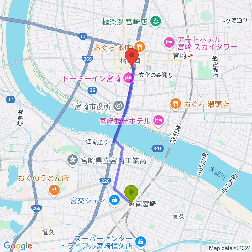 南宮崎駅から宮崎ライブハウス絃へのルートマップ地図