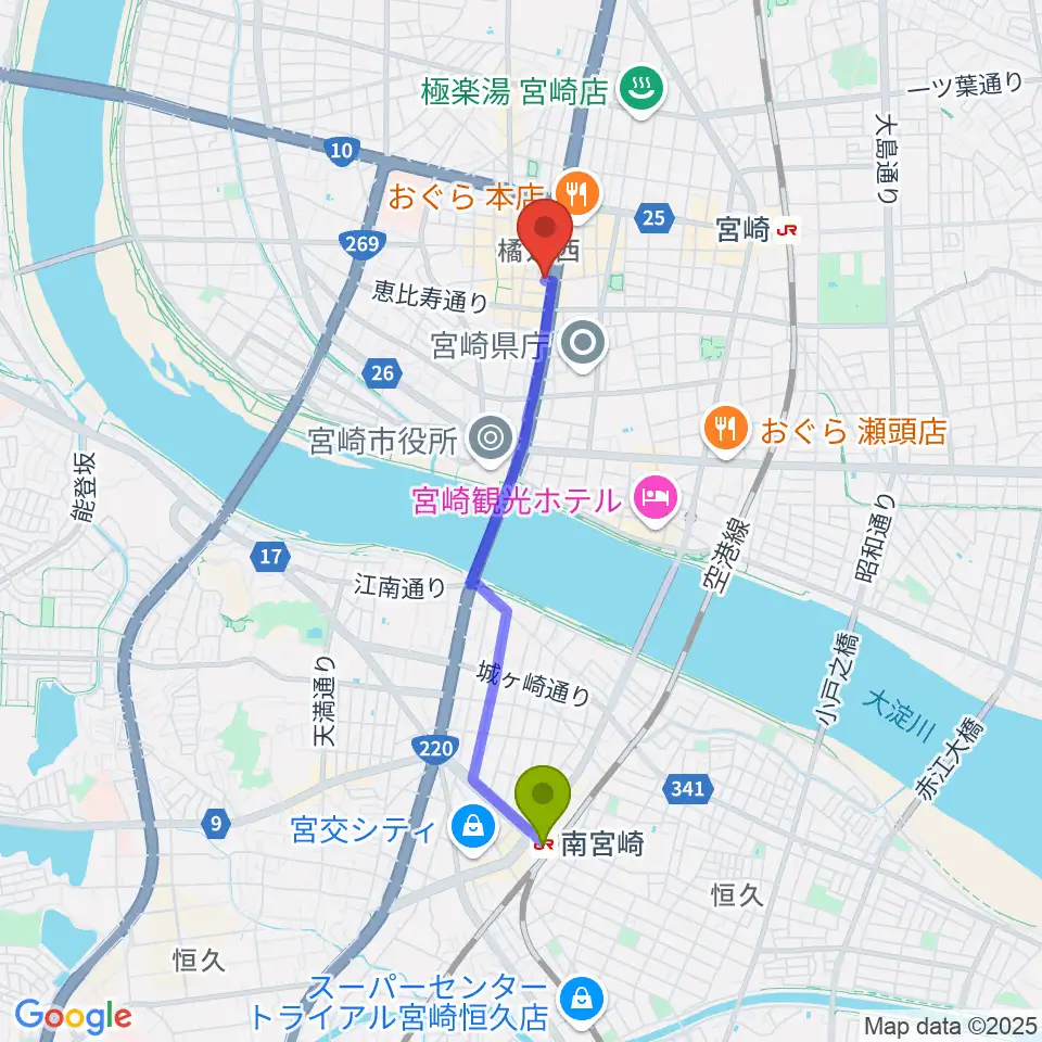 南宮崎駅から宮崎ライブハウス絃へのルートマップ地図