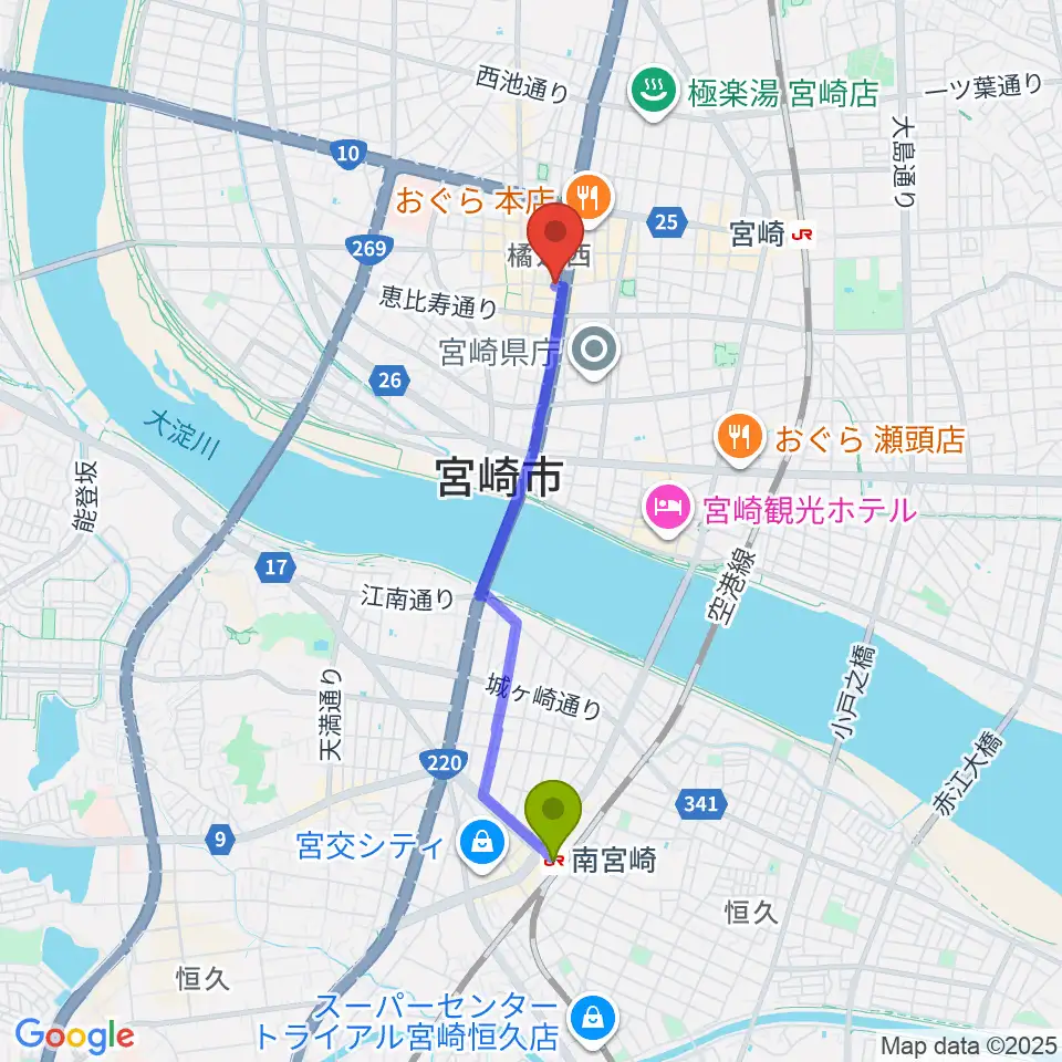 南宮崎駅から宮崎ライブハウス絃へのルートマップ地図