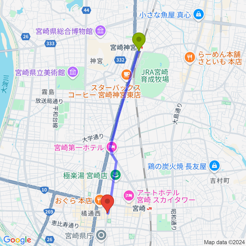 宮崎神宮駅から宮崎LIVE HOUSE ぱーく．へのルートマップ地図