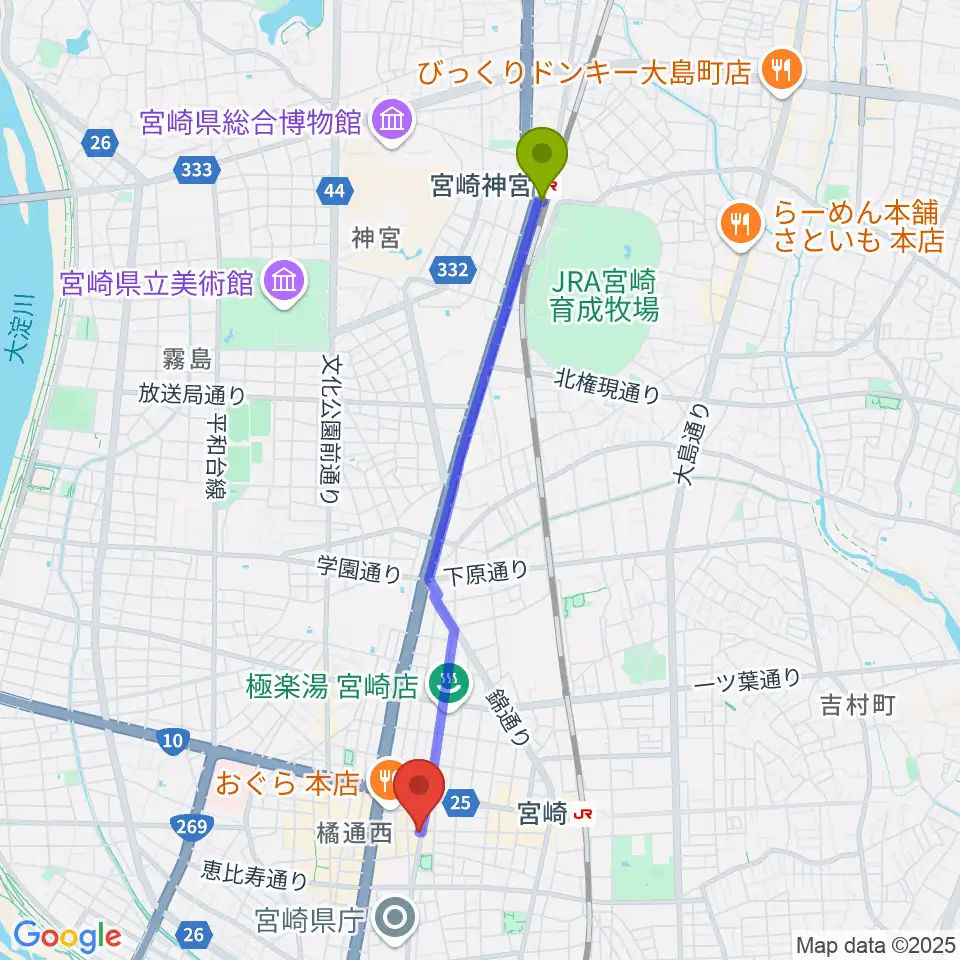 宮崎神宮駅から宮崎LIVE HOUSE ぱーく．へのルートマップ地図