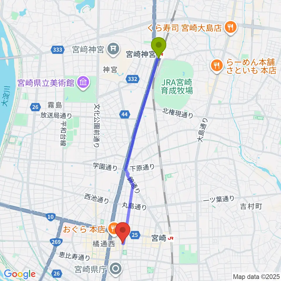 宮崎神宮駅から宮崎LIVE HOUSE ぱーく．へのルートマップ地図