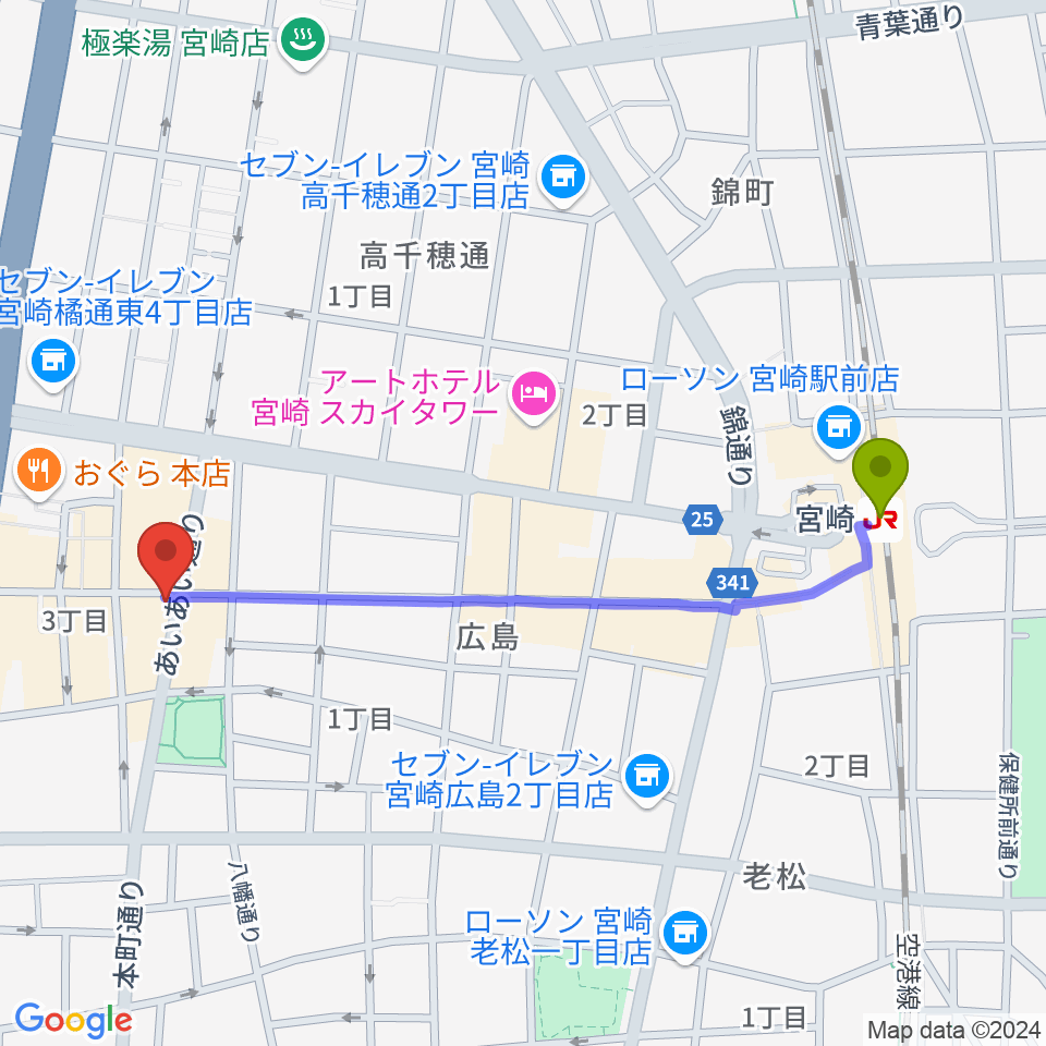 宮崎LIVE HOUSE ぱーく．の最寄駅宮崎駅からの徒歩ルート（約11分）地図