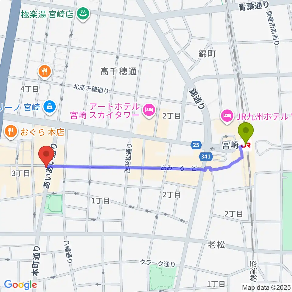 宮崎LIVE HOUSE ぱーく．の最寄駅宮崎駅からの徒歩ルート（約11分）地図