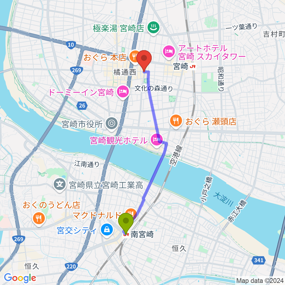 南宮崎駅から宮崎LIVE HOUSE ぱーく．へのルートマップ地図