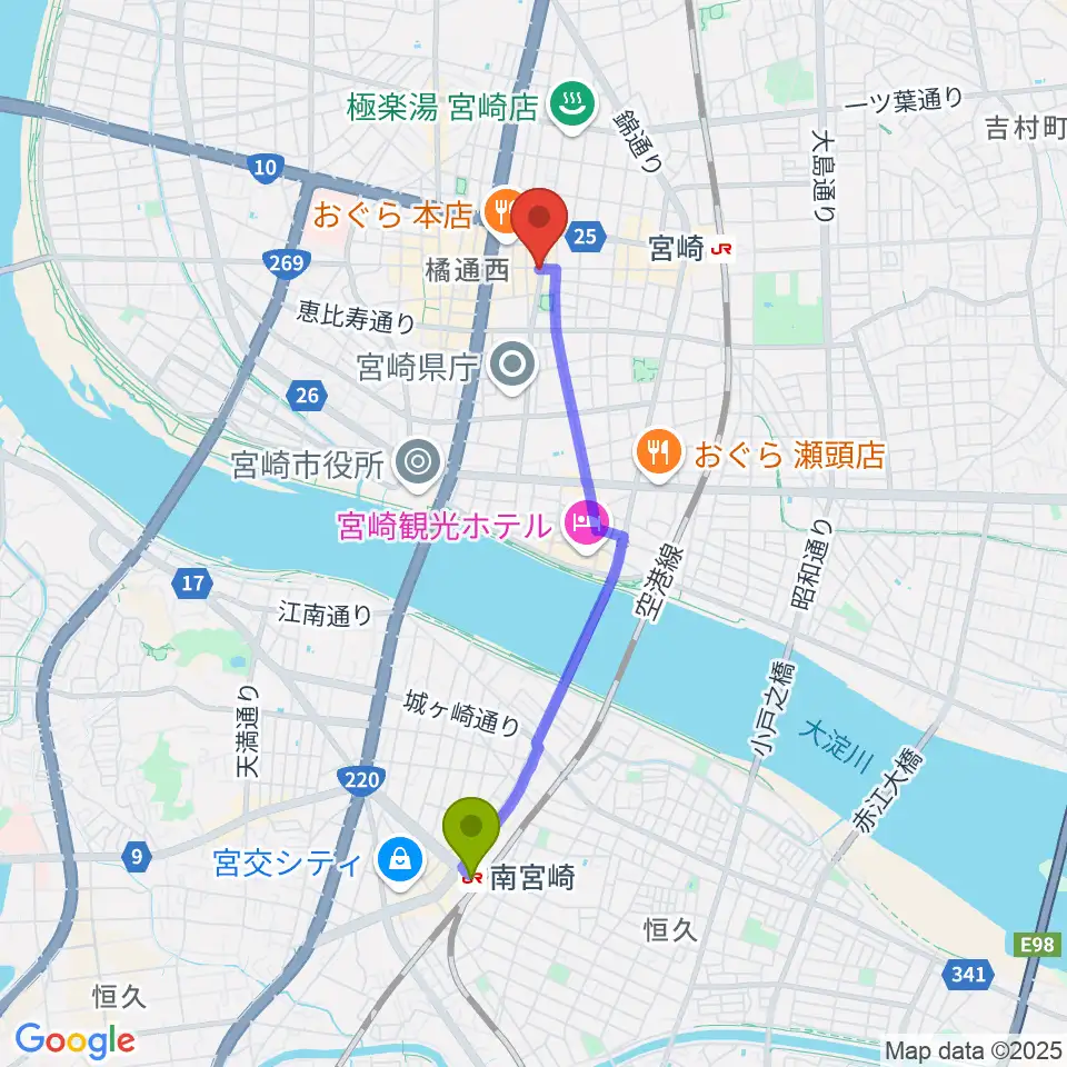 南宮崎駅から宮崎LIVE HOUSE ぱーく．へのルートマップ地図