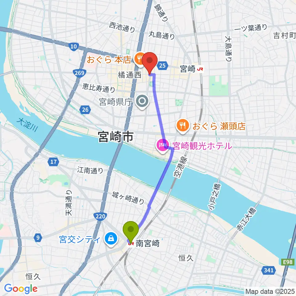 南宮崎駅から宮崎LIVE HOUSE ぱーく．へのルートマップ地図