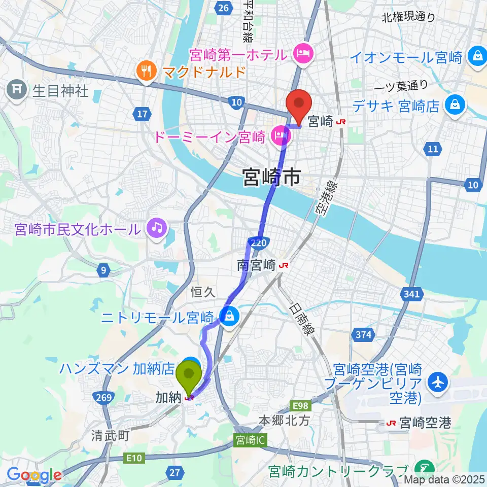 加納駅から宮崎LIVE HOUSE ぱーく．へのルートマップ地図