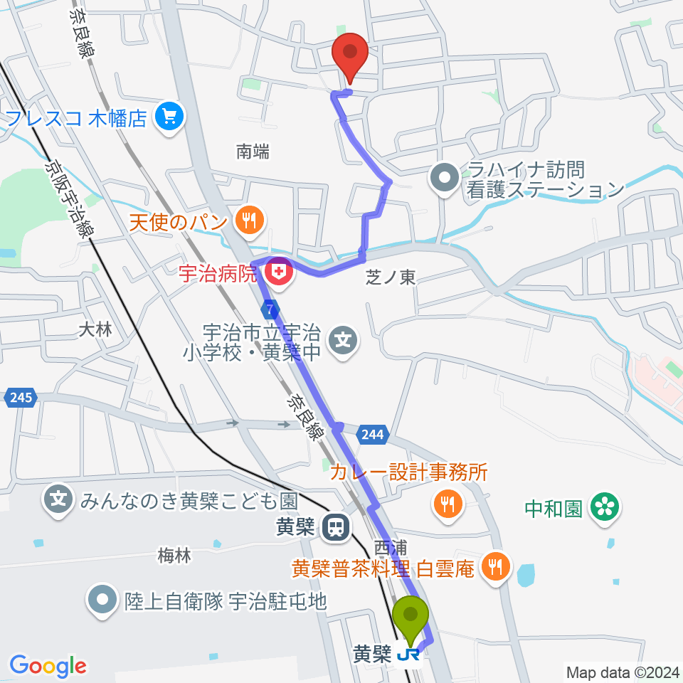 黄檗駅からpoco a poco 長谷川音楽教室へのルートマップ地図