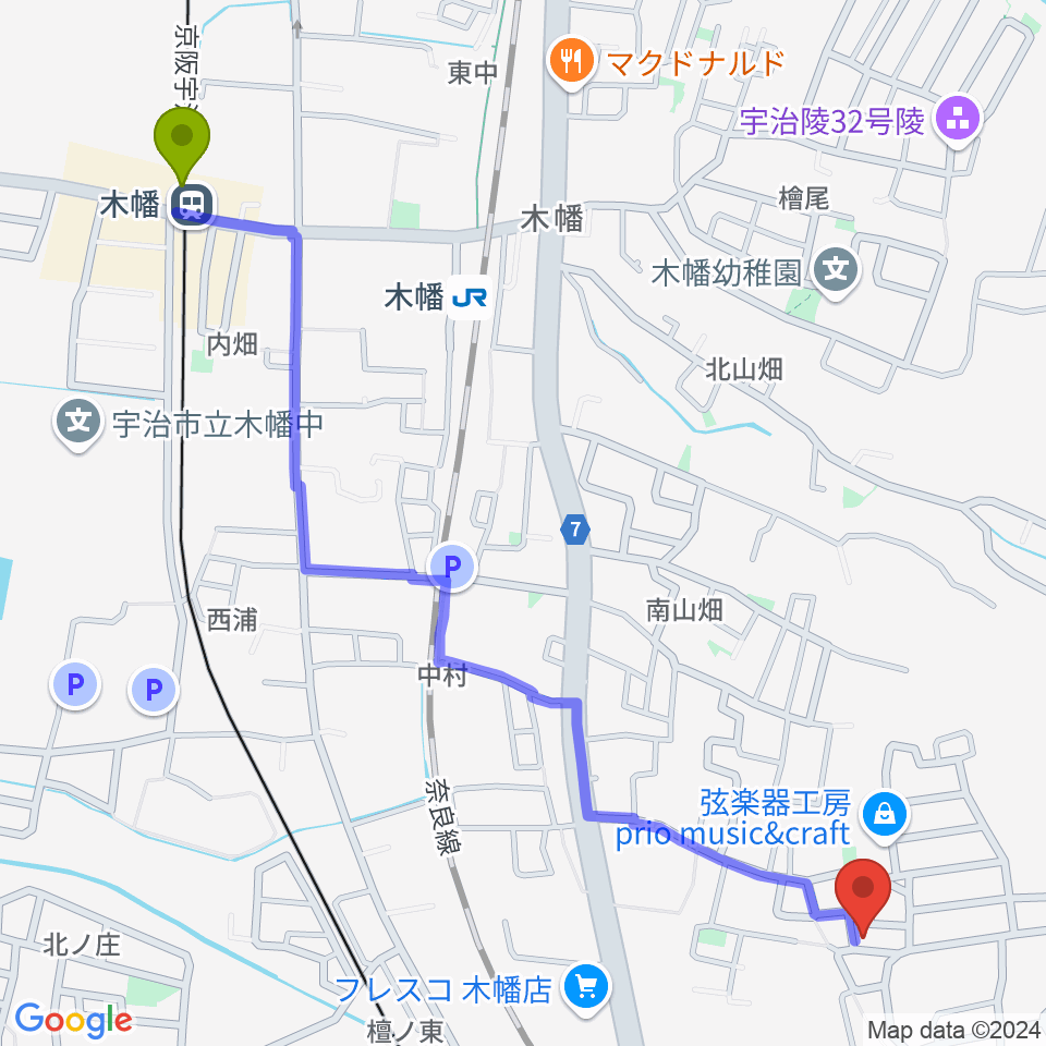 木幡駅からpoco a poco 長谷川音楽教室へのルートマップ地図