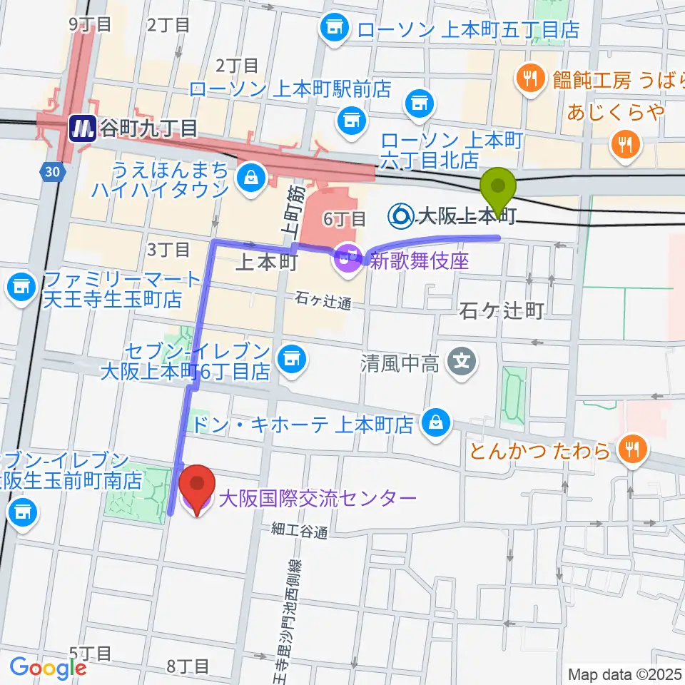 大阪上本町駅から大阪国際交流センターへのルートマップ地図