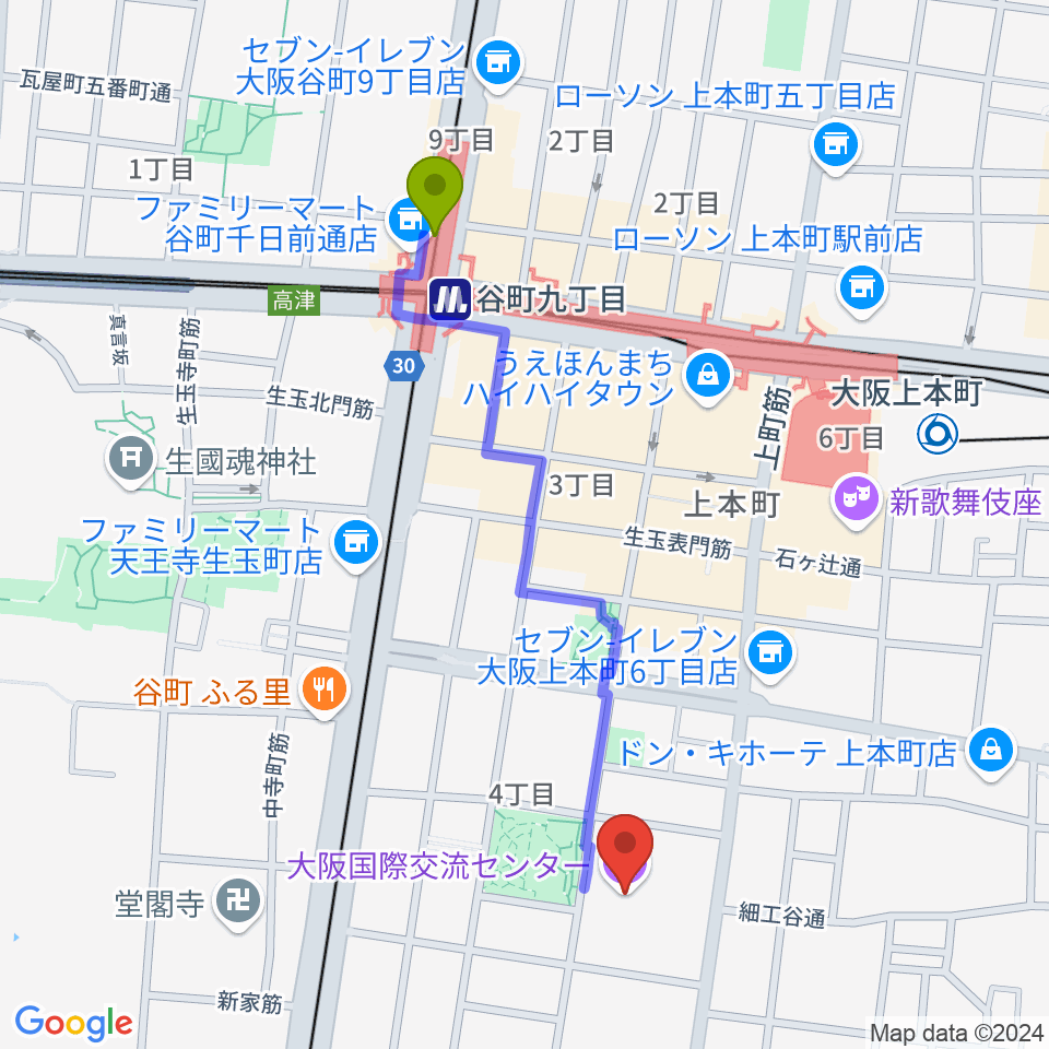 谷町九丁目駅から大阪国際交流センターへのルートマップ地図