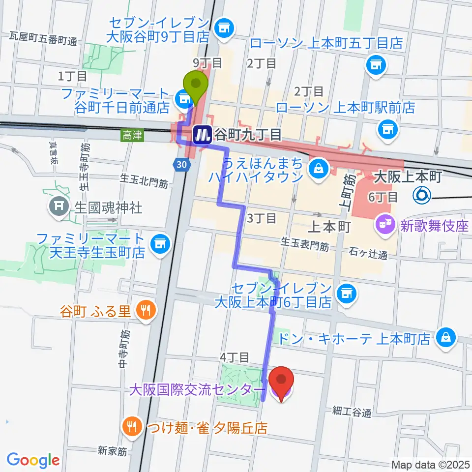 谷町九丁目駅から大阪国際交流センターへのルートマップ地図