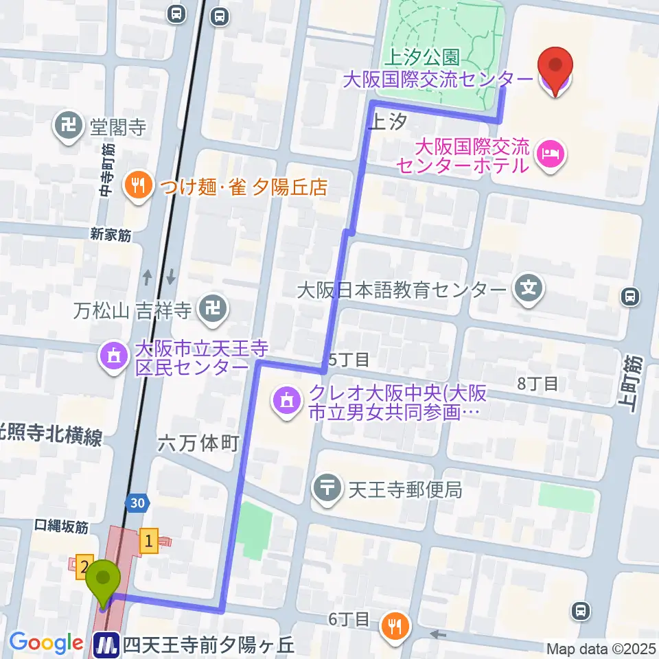 大阪国際交流センターの最寄駅四天王寺前夕陽ヶ丘駅からの徒歩ルート（約8分）地図