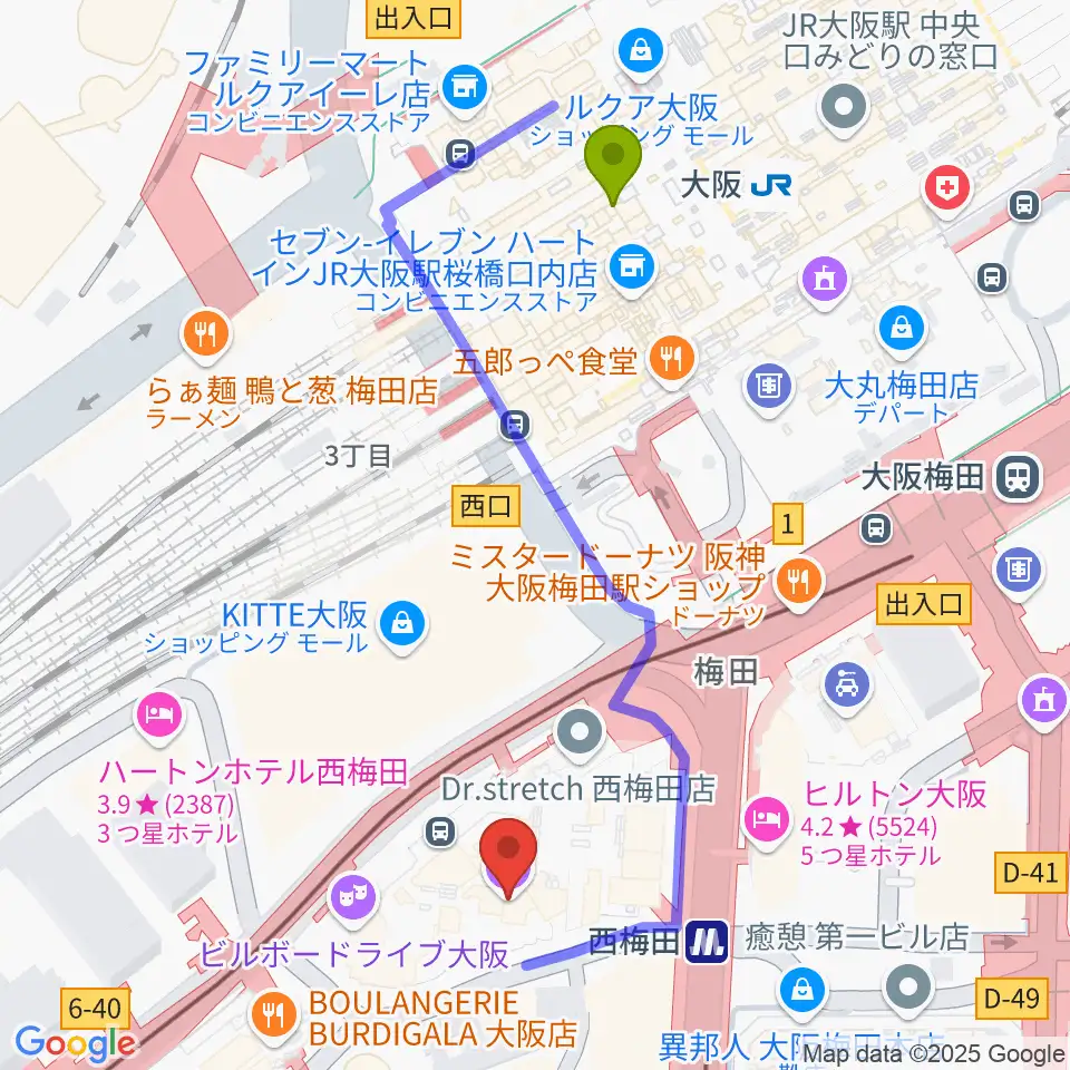 大阪四季劇場の最寄駅大阪駅からの徒歩ルート（約5分）地図