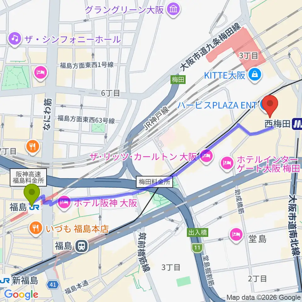 福島駅から大阪四季劇場へのルートマップ Mdata