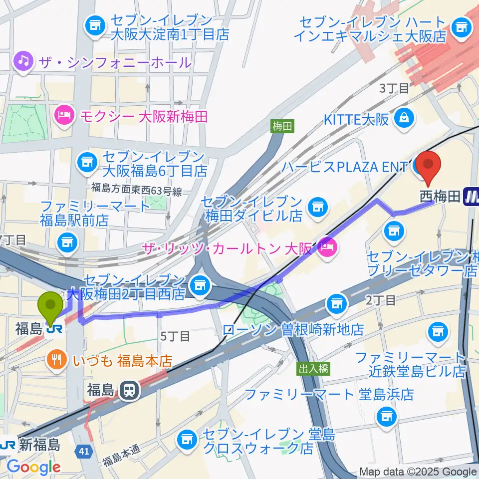 福島駅から大阪四季劇場へのルートマップ地図