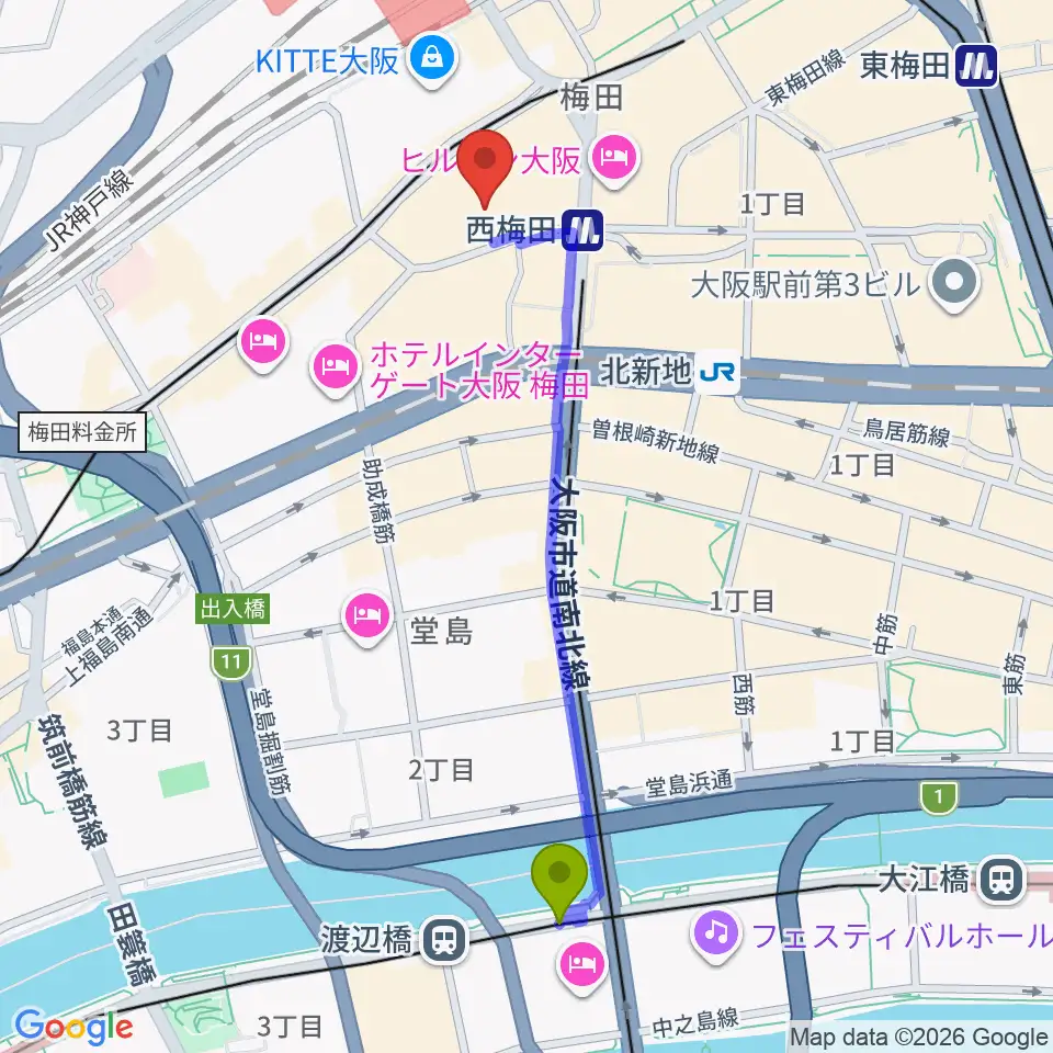渡辺橋駅から大阪四季劇場へのルートマップ Mdata