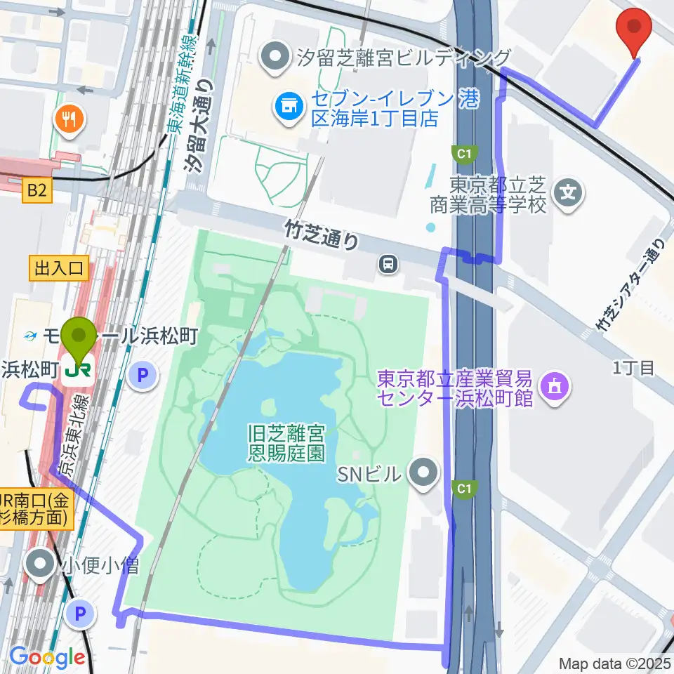 浜松町駅から自由劇場へのルートマップ地図