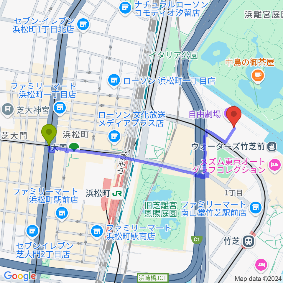 大門駅から自由劇場へのルートマップ地図